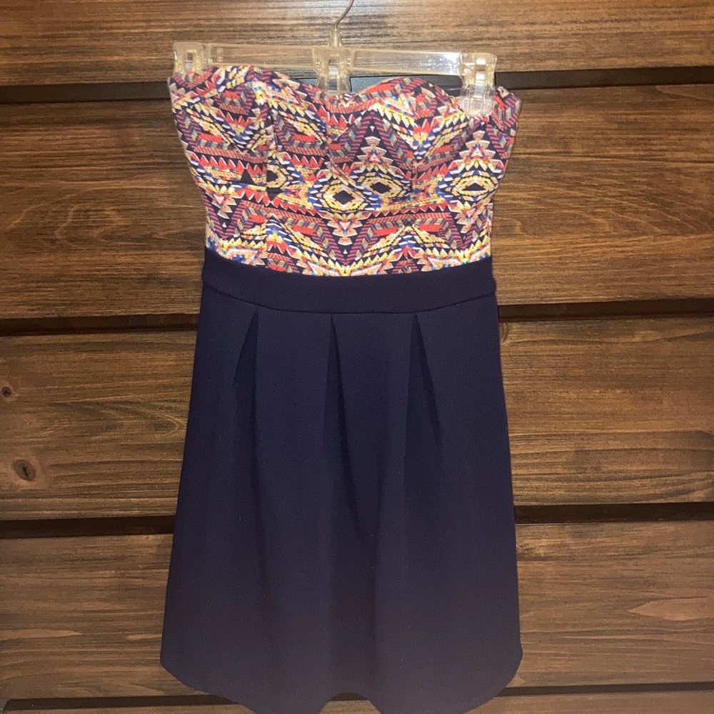 Strapless Navy and Patterned dress